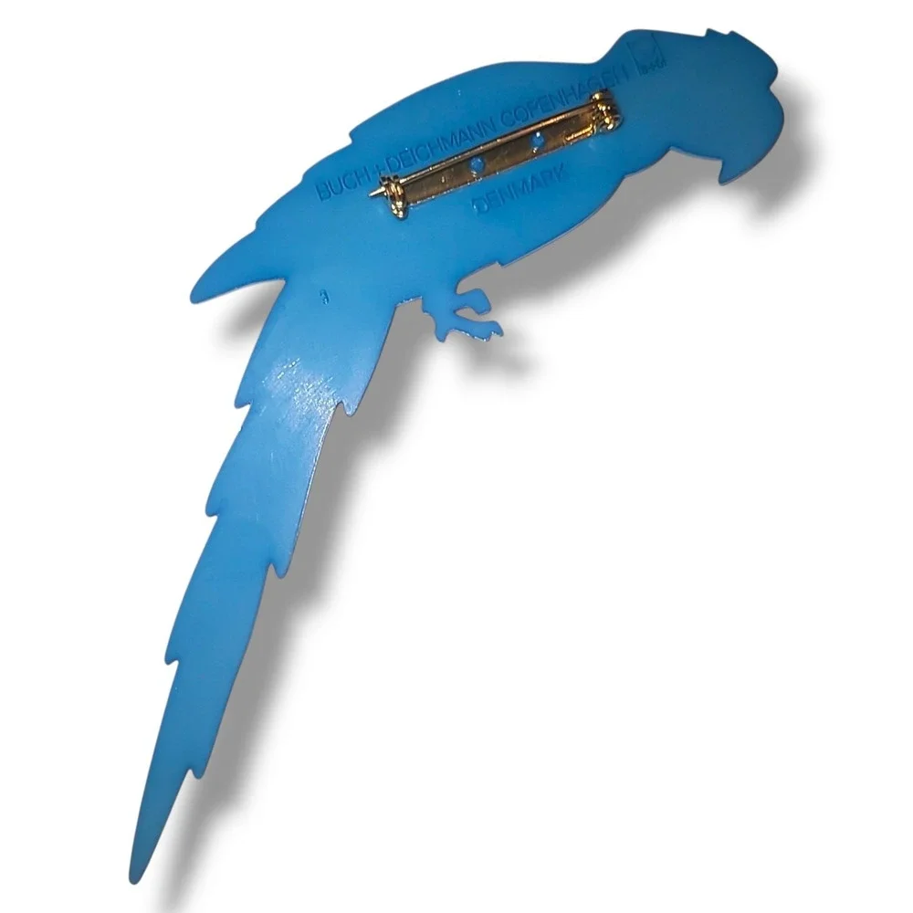Vintage Plastic Buch+Deichmann Copenhagen Blue‎ Parrot Bird Brooch 5.25